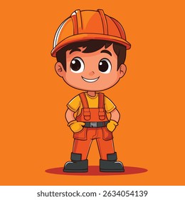 A smiling cartoon boy, wearing an orange hard hat and overalls, stands confidently.