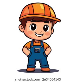 A smiling cartoon boy, wearing an orange hard hat and blue overalls, stands with hands in pockets.