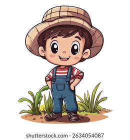 A smiling cartoon boy, wearing a straw hat and overalls, stands amidst stylized grass.