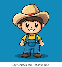 A smiling cartoon boy, wearing a straw cowboy hat and blue denim overalls, stands front and center.