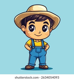 A smiling cartoon boy, wearing a straw hat and blue overalls, stands with hands on hips.