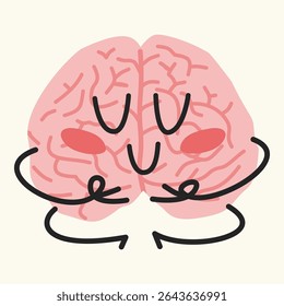 Smiling cartoon brain in meditation pose with peaceful expression. Ideal for mindfulness, relaxation, and emotional wellness designs. Great for self-care visuals.