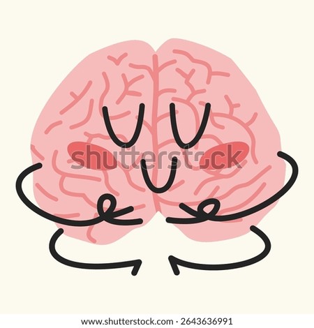 Smiling cartoon brain in meditation pose with peaceful expression. Ideal for mindfulness, relaxation, and emotional wellness designs. Great for self-care visuals.