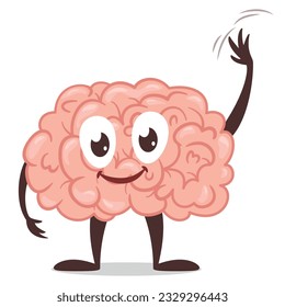 Smiling cartoon brain waving hand friendly greeting character vector flat illustration. Funny clever emoji mascot hi hello with positive emotion. Cute comic emoticon anatomy intelligence organ