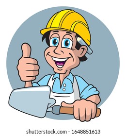 smiling cartoon bricklayer with construction helmet and trowel showing thumb up