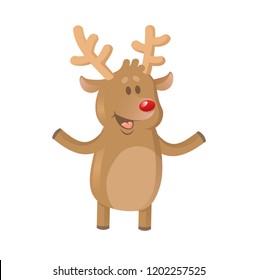 Smiling cartoon brown reindeer raising hands. Christmas card element. Colorful flat vector illustration. Isolated on white background.