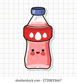 Etiqueta engomada sonriente de la botella de refresco de la burbuja de la historieta que presenta una bebida linda, rosada, gaseosa, que simboliza la felicidad, la diversión de la infancia, y la dulzura refrescante en un fondo de la cuadrícula