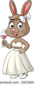 Smiling cartoon bunny character wearing a white dress and bow, holding a cocktail glass, rendered in clean vector style with bright colors
