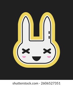 Smiling cartoon bunny face with X eyes and blush cheeks in a minimalist style, outlined in yellow on a dark background. Vector illustration