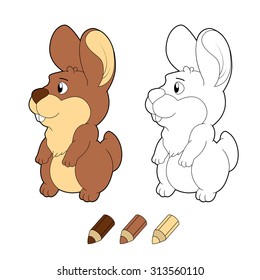 Smiling cartoon bunny. Vector coloring book illustration.
