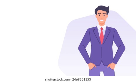 Smiling cartoon business man standing with hands in pocket banner design template vector flat illustration. Businessman in suit tie boss employee leader office worker presentation copy space poster