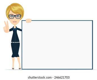 Smiling cartoon business woman or teacher giving the thumbs up and holding large poster white board. Stock Vector illustration