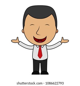 Smiling cartoon businessman opens his arms