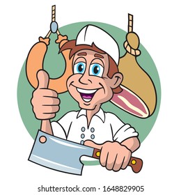 smiling cartoon butcher with meat axe showing thumb up