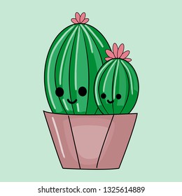 Smiling cartoon cactus in pot. Vector illustration.