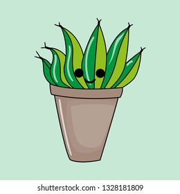 Smiling cartoon cactus in pot. Vector illustration.