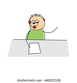 Smiling cartoon call center operator sitting at a table wearing a headset and writing notes on paper, vector doodle sketch on white