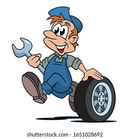 smiling Cartoon Car mechanic, running with wheel and scew wrench