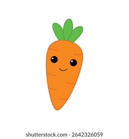 A smiling cartoon carrot with big eyes and green leaves on top.