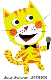 Smiling cartoon cat in bow tie holding a microphone