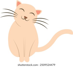 Smiling cartoon cat with closed eyes and whiskers in a sitting position