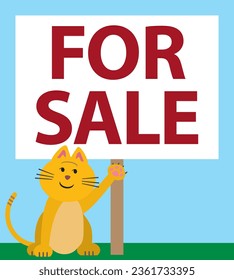 A smiling cartoon cat is drawing attention to a for sale sign