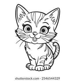 Smiling ilustração de gato de desenhos animados em preto e branco, brincalhão desenhos animados gatinho linha arte para design criativo