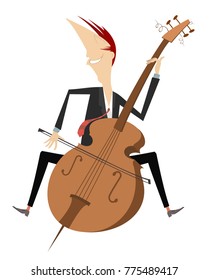 Smiling cartoon cellist is playing music vector illustration isolated on white 