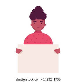 smiling cartoon character afro american young woman holding clean placard. portrait avatar with african female . Vector illustration in flat style. Feminism, no racism, activist. We are women