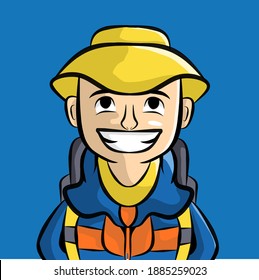 smiling cartoon character of a backpacker, vector art