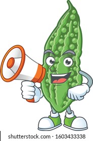 Smiling cartoon character of bitter melon with megaphone