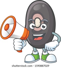 Smiling cartoon character of black beans with megaphone