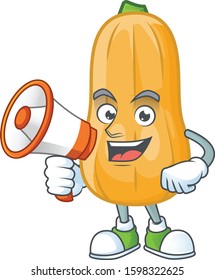 Smiling cartoon character of butternut squash with megaphone
