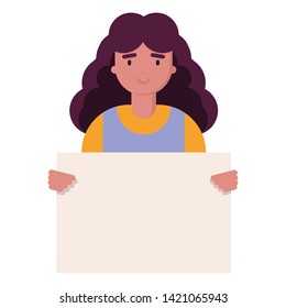 smiling cartoon character caucasian young woman holding clean placard. portrait avatar with female . Vector illustration in flat style. Feminism, no racism, activist. We are women