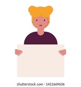 smiling cartoon character caucasian young blonde woman holding clean placard. portrait avatar with female . Vector illustration in flat style. Feminism, no racism, activist. We are women