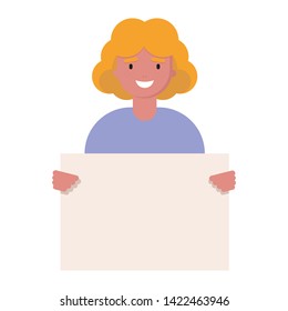 smiling cartoon character caucasian young blonde woman holding clean placard. portrait avatar with female . Vector illustration in flat style. Feminism, no racism, activist. We are women