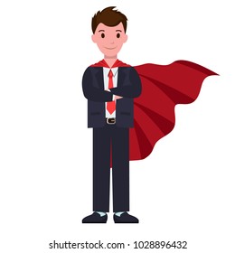 Smiling cartoon character in classic suit, with red cloak outdoor overgarment, that hangs loosely from shoulders vector illustration isolated on white