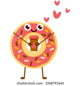 Smiling cartoon character donut holding a coffee cup. Coffee and donut are best friends. Vector illustration