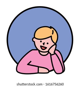 Smiling cartoon character dreaming avatar in round shape on white. Happy boy thinking with raising hand. Hobby or leisure element of people in circle icon. Portrait view of teenager planning vector