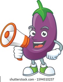 Smiling cartoon character of eggplant with megaphone