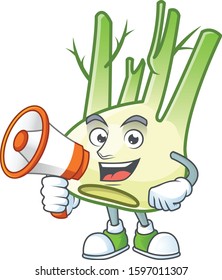 Smiling cartoon character of fennel with megaphone