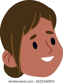 Ein lächelnder Cartoon-Charakterkopf mit einfachen Merkmalen und braunem Haar. Das Gesicht ist in einem flachen, modernen Stil mit einem fröhlichen Ausdruck dargestellt. Cartoon, Vektorgrafik.