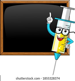 Smiling cartoon character mascot medical syringe vaccine blank blackboard or chalkboard vector illustration isolated