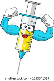 Smiling cartoon character mascot medical syringe vaccine showing biceps strength vector illustration isolated