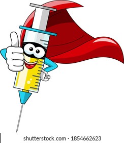 Smiling Cartoon Character Mascot Superhero Medical Syringe Vaccine Thumb Up Vector Illustration Isolated