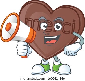 Smiling cartoon character of one bite love chocolate with megaphone