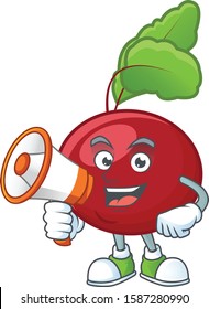 Smiling cartoon character of red beet greens with megaphone