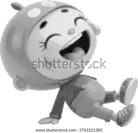 Smiling cartoon character with round head and body running with arms and legs outstretched in halftone effect isolated on transparent background
