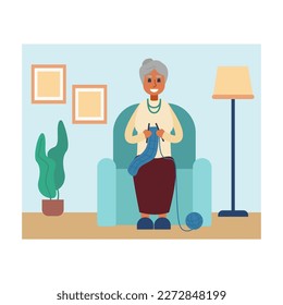 Smiling cartoon character of senior woman knitting at home. Process of making handmade clothes by grandmother. Mature lady with woolen scarf in hands. Happy old age. Vector