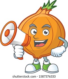 Smiling cartoon character of shallot with megaphone